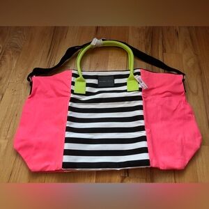 Victoria's Secret Neon Pink and Black Striped Tote and  travel bag nwt
